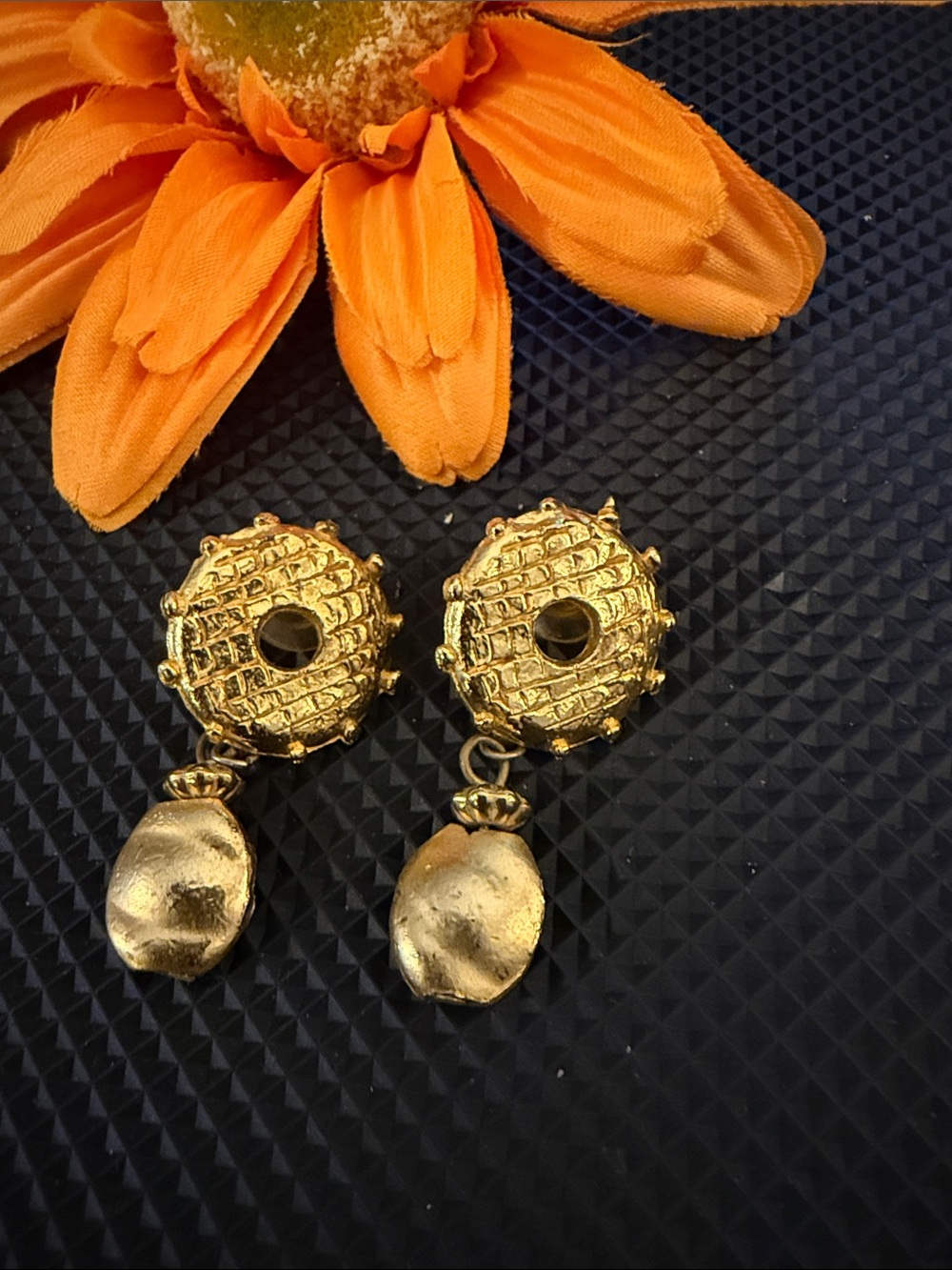 Gold Textured Drop Earrings - Women Jewelry